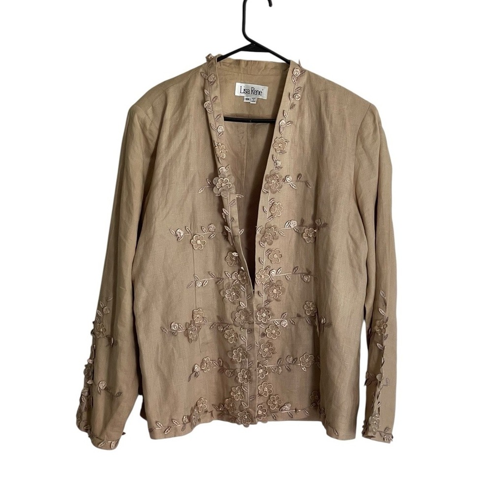 Lisa Rene Women 3D Lace Floral Cardigan Sz 18 Tan Lightweight Career Artsy
